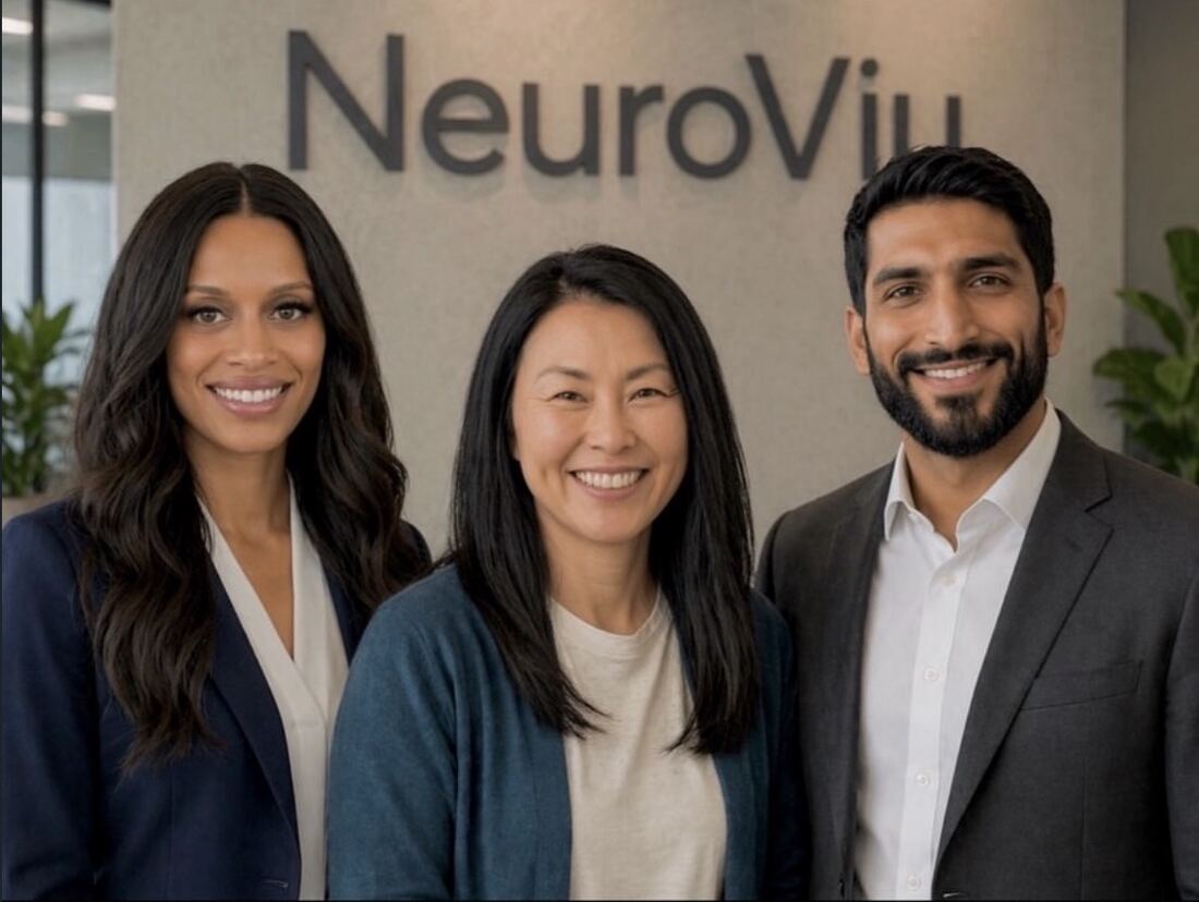 Ashlei Lewis, Dr. Alexa Yung, and Dr. Raul Patel standing together beneath the NeuroViu sign.